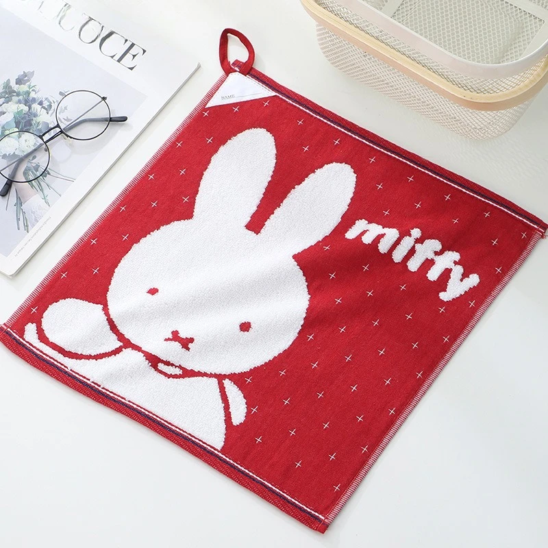 Toalla Kawaii Miffy, toalla de mano cuadrada suave y absorbente con lazo colgante, bonito conejito de dibujos animados, 100% algodón para uso doméstico y en viajes
