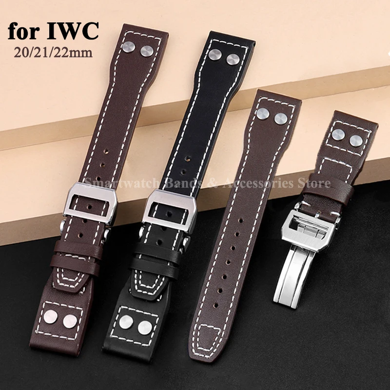 Genuine Leather Strap for IWC Pilot 20mm 21mm 22mm Cowhide Leather Wrist Band Metal Fold Buckle Bracelet Replacement Men Strap