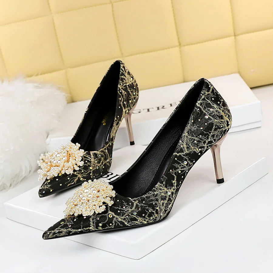 

BIGTREE Newest Style Sexy Women Pumps Pointed Toe Wedding Pearl Flower Silk 7CM Thin Heels Retro Professional Women's Shoes