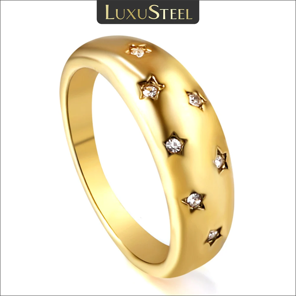 LUXUSTEEL Chunky Stainless Steel Stars Crystal Rings for Women Girls Gold Plated Vintage CZ Zircon Finger Ring Retro Jewelry