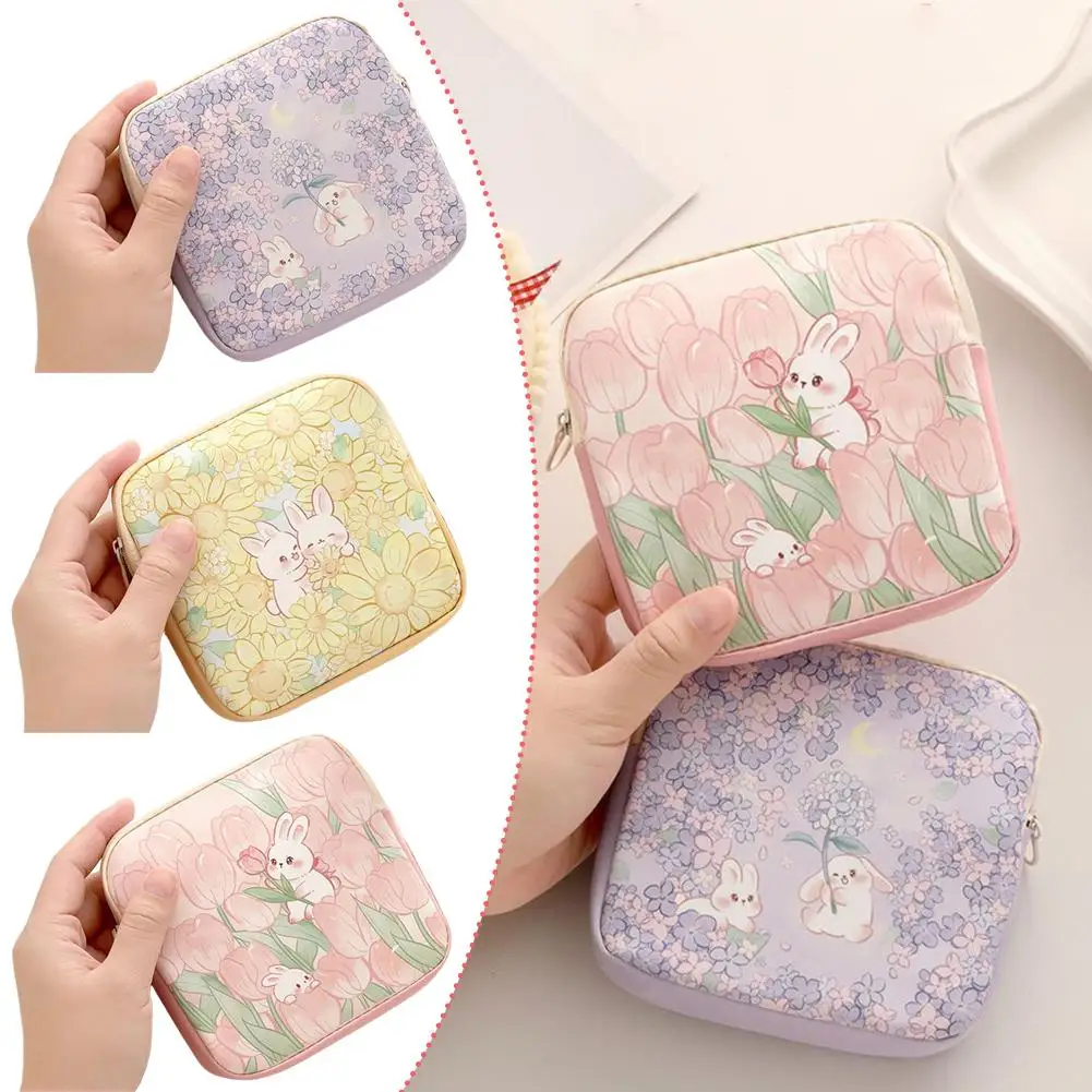 Cute Rabbit Floral Storage Bag, Mini Sanitary Napkin Organizer,Portable Cosmetic Pouch for Women,Data Cables Coin Purse Bag