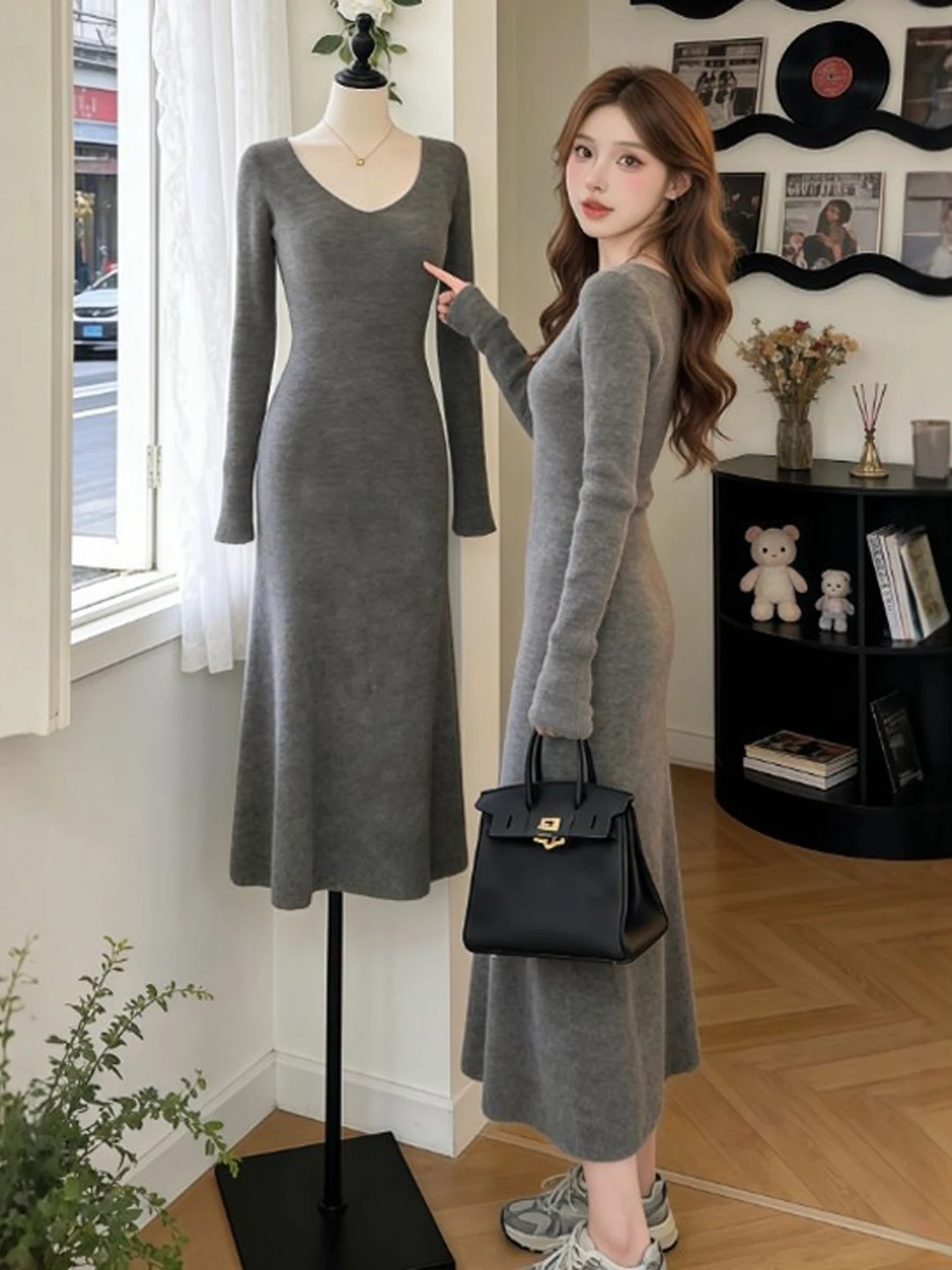 

Корейский Sle Gentle Ele с высокой талией, вязаная накидка, длинное тело Dr, весенний сезон, модная повседневная одежда Ci Commute Date Par Tour