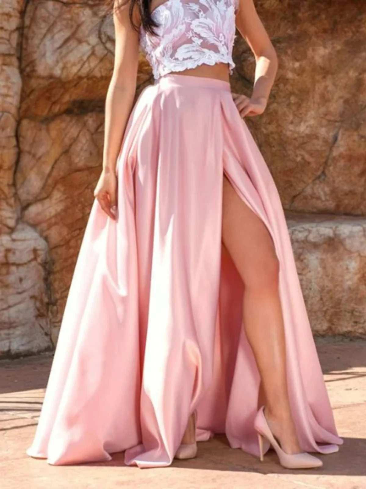 

Ele Satin f-length Skirt Versatile Date Cany Year-end Par Performance A-line Long Skirt Bright Pink Split Skirt