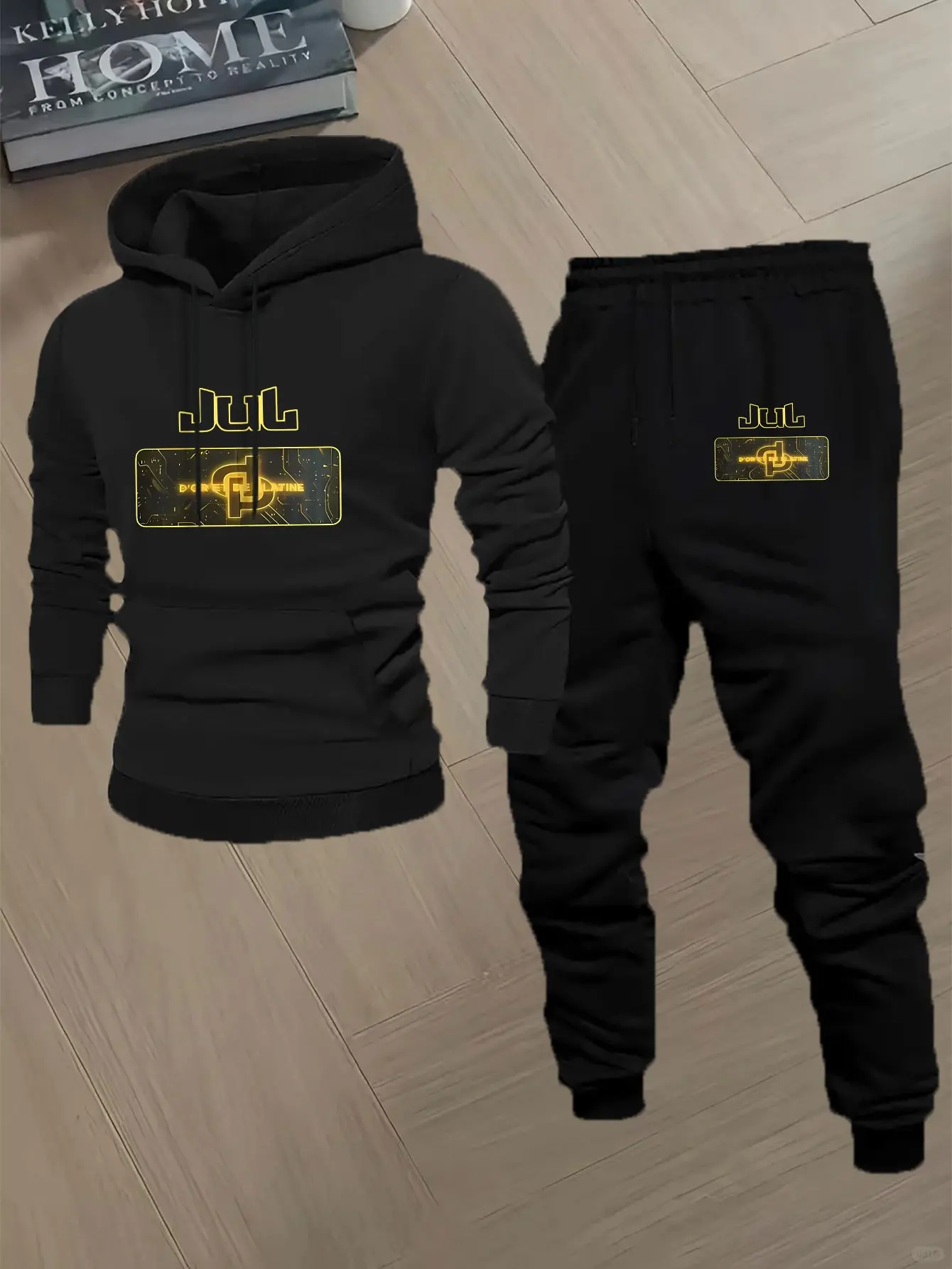 Men's two-piece outfit with printed long sleeve hoodie. Casual sportswear, fashionable and trendy hoodie set for daily wear.