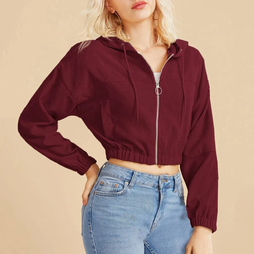 Casual Burgundy Crop Top Jacket Women Casual Solid Long Sleeve Zipper Pocket Shirt Hooded Sweatshirt Tops Hoodless Sweatshirt