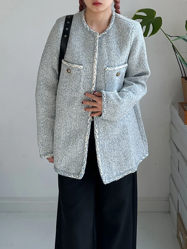 

Свободный твидовый жакет с круглым вырезом и пуговицами, повседневная синяя верхняя одежда, женская модная коллекция весна