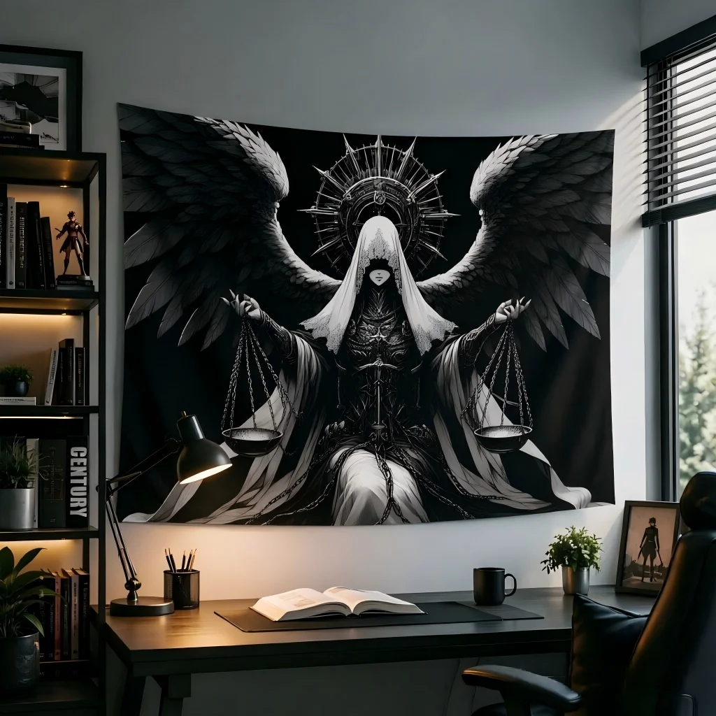 Gothic Justice Angel Wall Tapestry Winged Goddess Scales Monochrome Art Wall Hanging Dorm Bedroom Aesthetic Home Background Deco