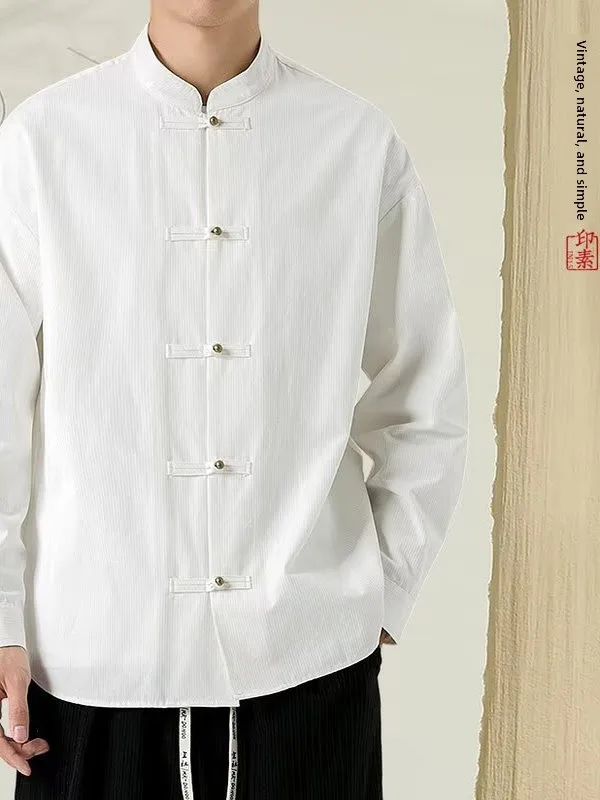 

Новая мужская рубашка в стиле ретро с медными пуговицами, китайский национальный стиль, танский костюм, ханьфу, с воротником-стойкой, модный топ