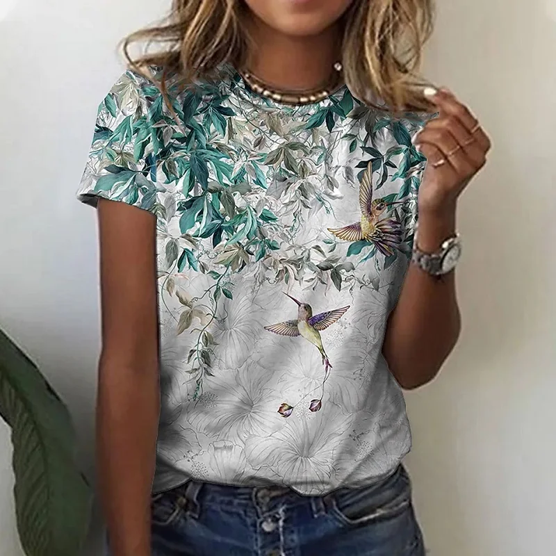 Bird Flower Floral 3D Print T-Shirts Summer Women's Round-Neck Short Sleeve T Shirt Harajuku Casual Tees Y2k Top Female Clothing