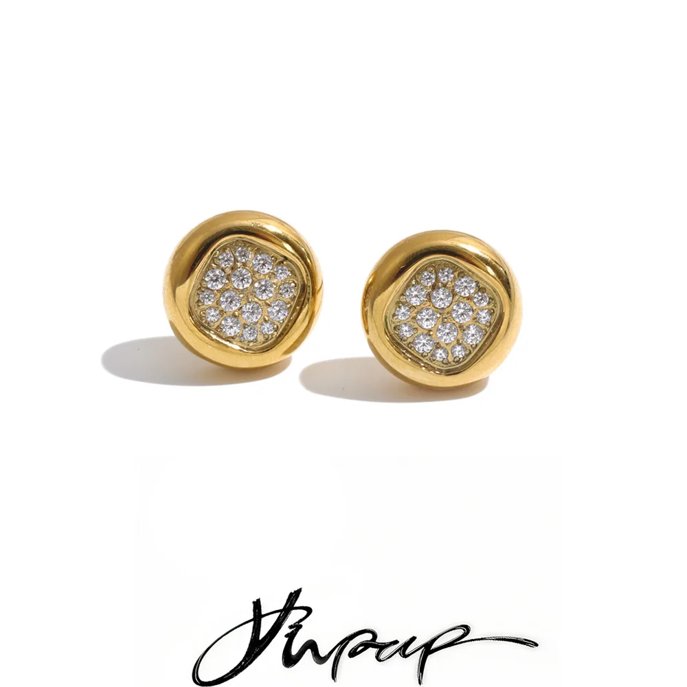 Yhpup Stainless Steel CNC Cubic Zirconia Round Stud Earrings Stylish Delicate Bling Glamorous Fresh Jewelry Gift