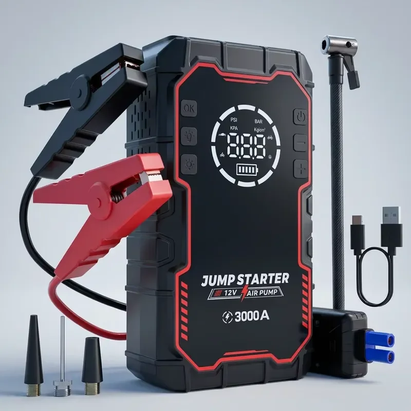 BOLRZO 3000A 20000mAh Heavy Duty Vehicle Emergency Starter 12V Battery Supercharger with 150PSI Air Compressor and LCD Screen