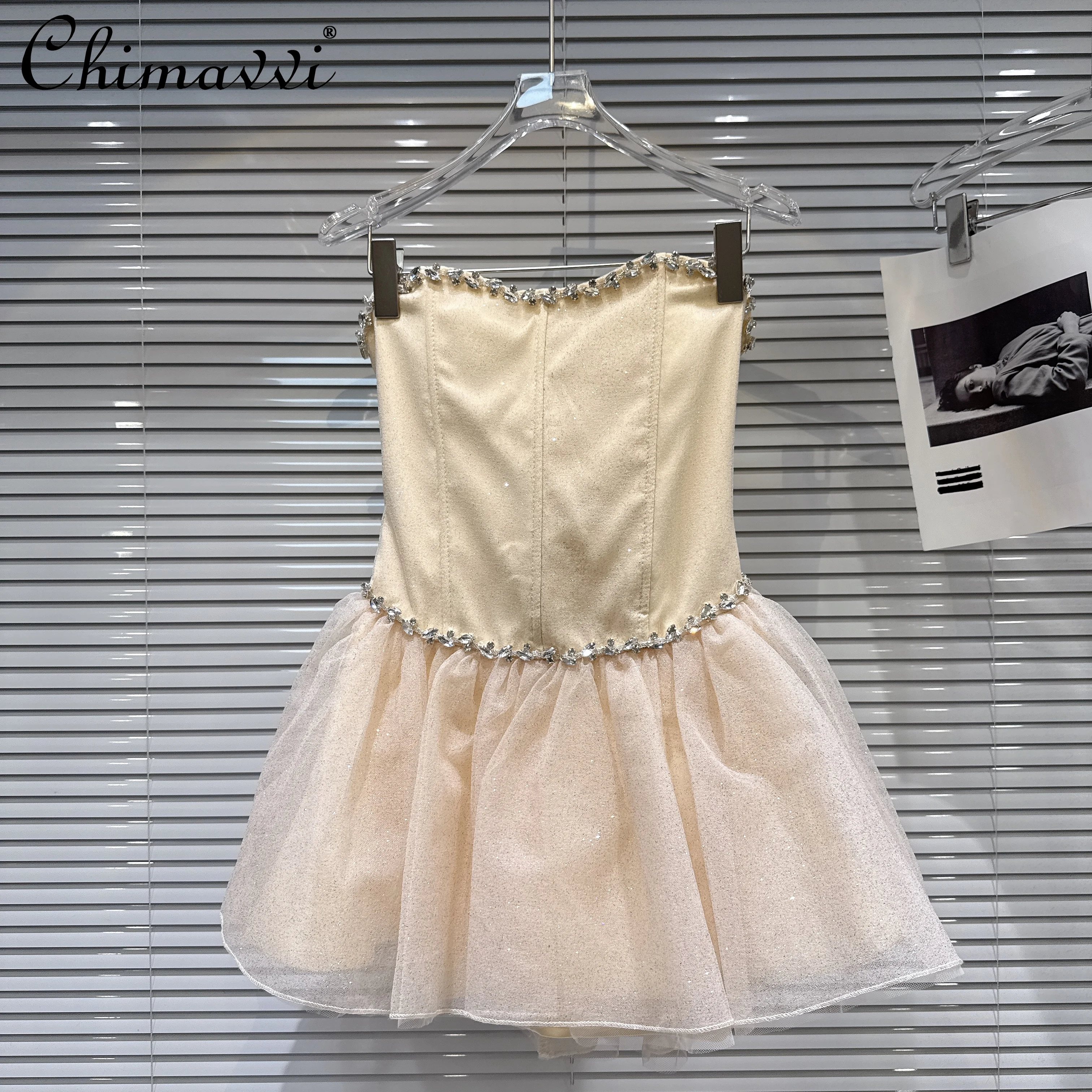 

French Elegant Sweet Socialite Strapless Party Dresses Diamond Beaded Mesh Patchwork High Waist Short Birthday Dress for Women