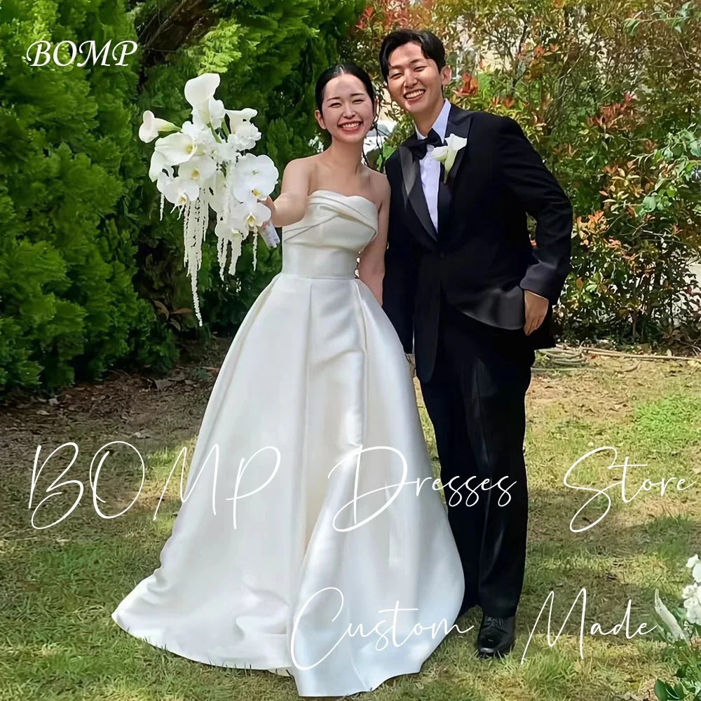 

BOMP Elegant Pleat Wedding Dress Strapless A-Line Foor Length Ivory Silk Taffeta Korea Photo Shoot Bridal Gown Customized Simple