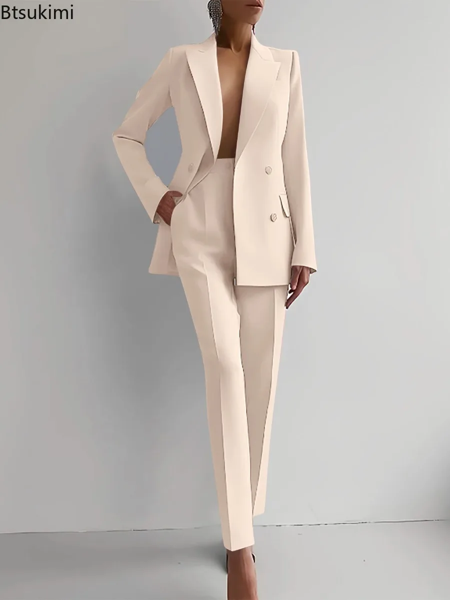 2024 Women's Fashion Matching Sets V Neck Double Breasted Design Blazer Tops+Suit Pant Office Ladies Outfit Elegant 2 Piece Sets