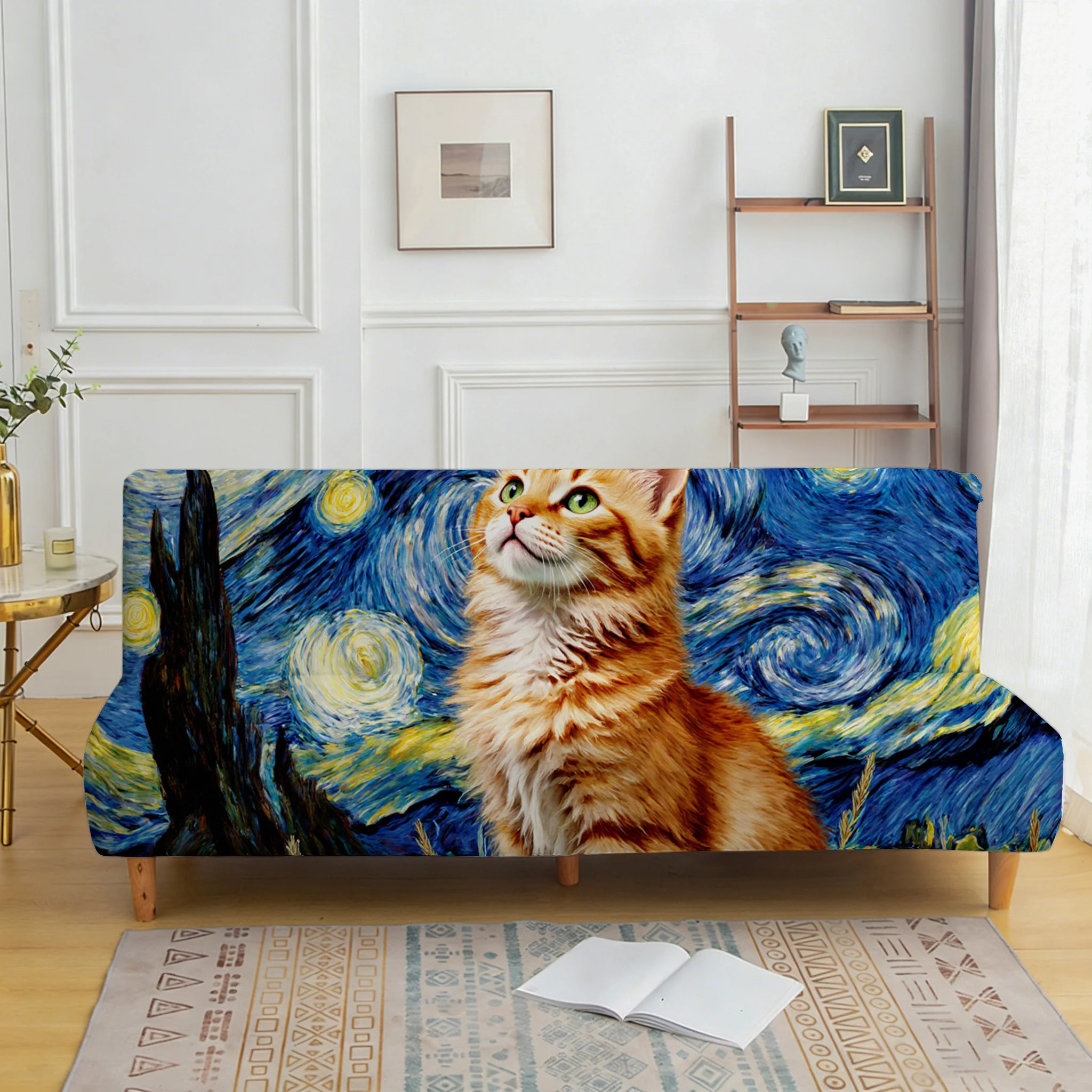 Starry Night Orange Cat Print Sofa Bed Cover, Non-slip and Anti-scratch Furniture Protective Cover, Easy to Install