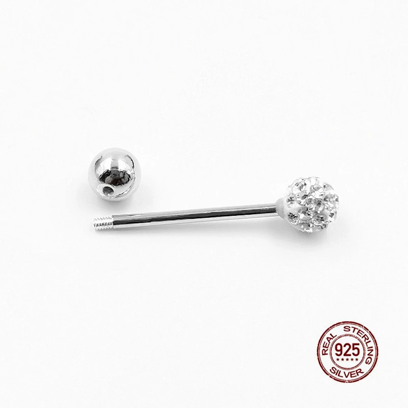 Shiny Zircon Ball Tongue Ring Nipple Piercing Ear Cartilage Piercing 925 Sterling Silver Lip Studs Labret Body Jewelry