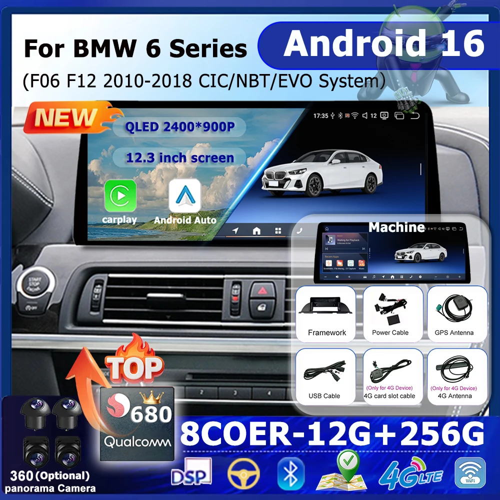 Android 16 Car Multimedia Player Carplay 12.3'' QLED Android Auto For BMW 6 Series F06 F12 2010 - 2018 Radio GPS Navigation DSP