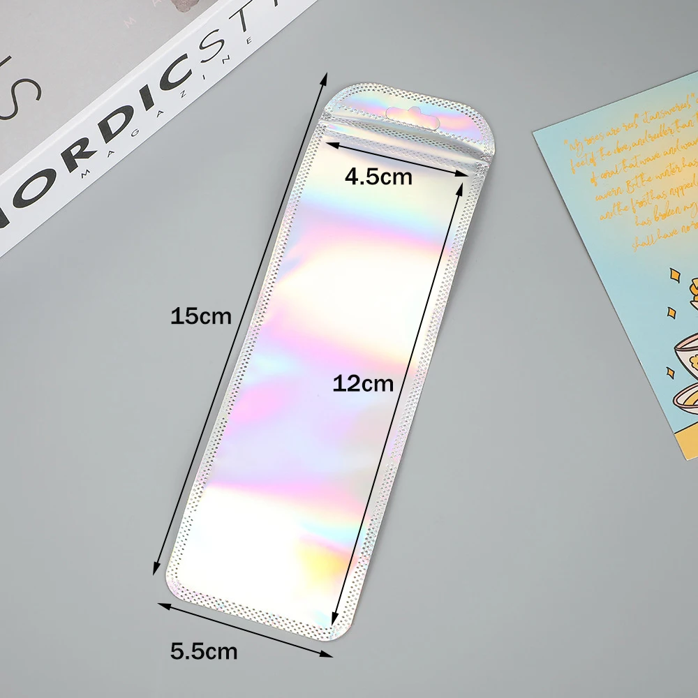 50 stücke Lange Holographische Verpackung Taschen Ziplock Laser Seal Beutel Für Party Nagel Wimpern Bevorzugung Lebensmittel Lagerung Schmuck Display Versorgung