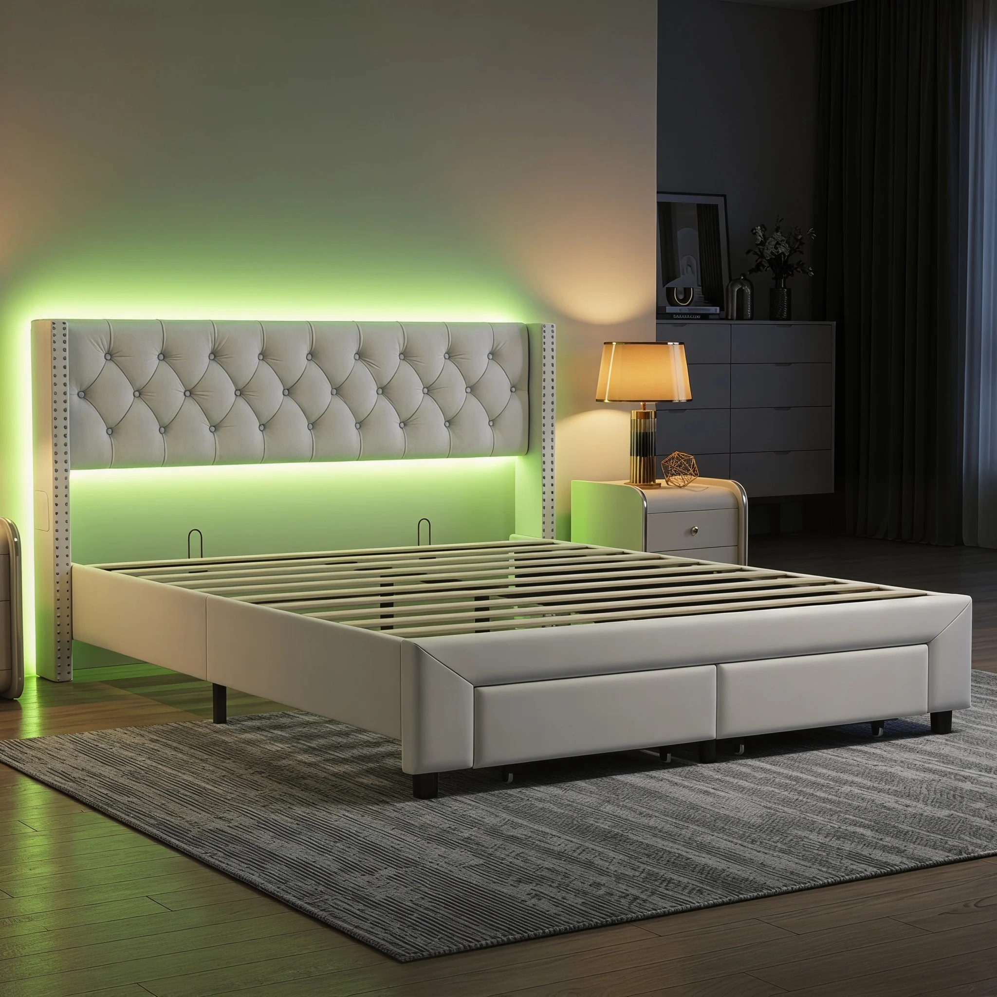 Cama Tapizada Comanlai de 140×190 cm, Cama Doble, Cama con Cajones, con Puertos de Carga USB Duales y Tira de Luz, 2 Cajones de Almacenamiento