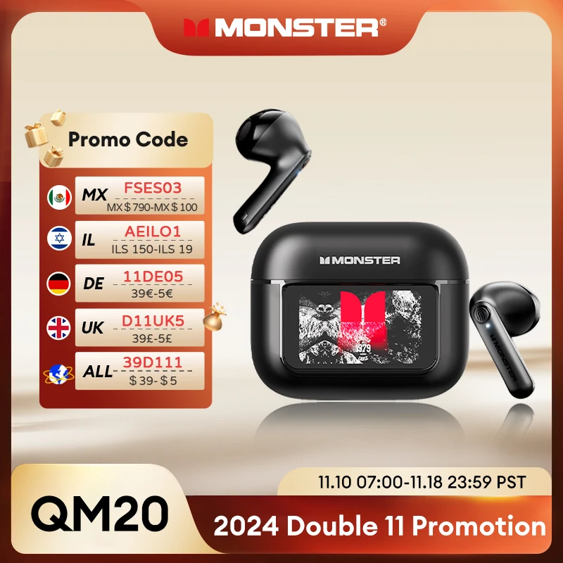 Выбор оригинальных беспроводных Bluetooth 5,4 наушников Monster QM20, светодиодный сенсорный экран, гарнитура, игровые фильмы, музыка, долговечные наушники