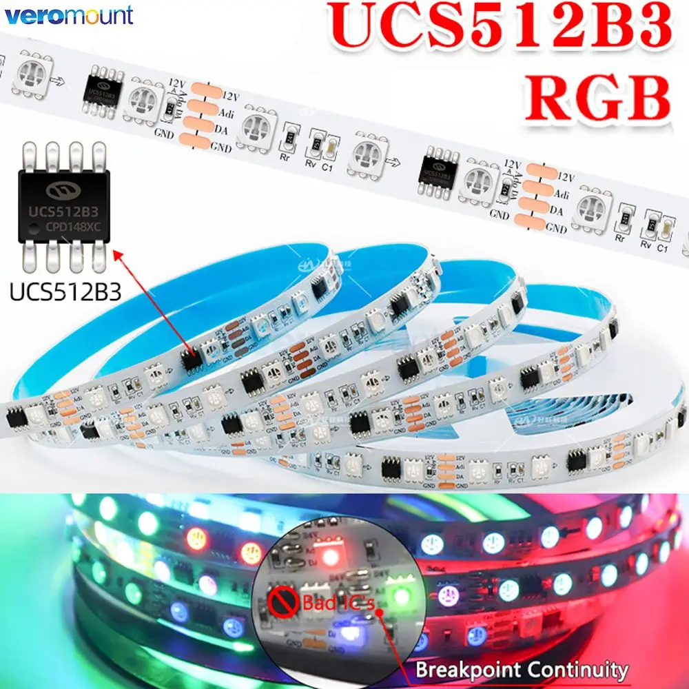 Imagem -02 - Pixel Led Strip com Continuidade de Breakpoint ic Externo Pcb Smd 5050 Rgb Full Color Ucs512b3 5m 12v 24v dc Dmx512 60 72leds m 10 Milímetros