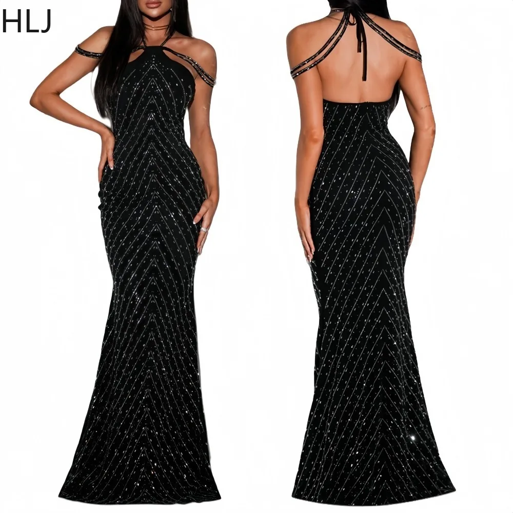 

HLJ Sexy Halter Bodycon Dress for Women Shining Strap Beaded Sleeveless Sequins Long Dresses Female Evening Vestidos 2025 New