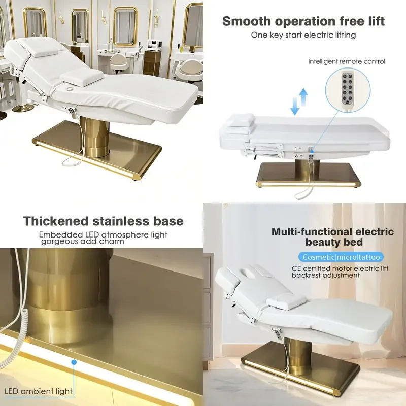Single Column Beauty Massage Bed for Salon Facial Use with Gold Stainless Steel Base and 3 Motor High Load Capacity