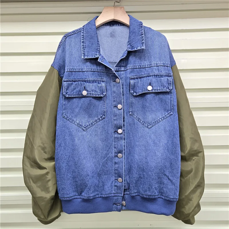 

SuperAen Retro Spring and Autumn New Patchwork Contrast Color Pleated Long-sleeved Loose Fashion Women's Denim Jackets