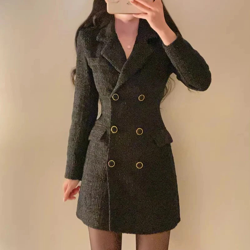 Notched Botton Tweed Dress Mini Party Vintage Elegant Black Korean Club Vestido Curto Autumn 2024 Winter Slim Jacket Sukienka