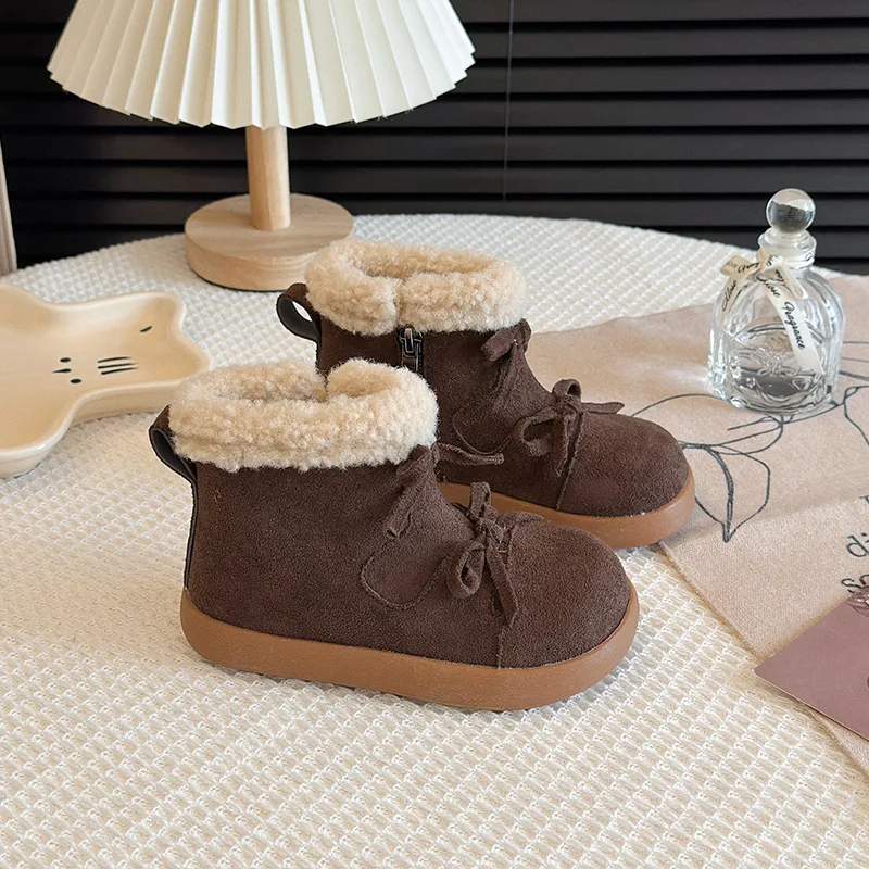 

2025 Winter Toddler Girls' Short Boots Warm Fleece Children's Princess Ankle Boots Soft Sole Anti-slip Cotton Shoes Casual Wear