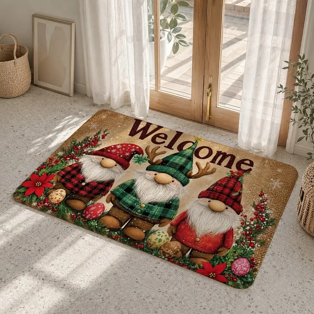 Christmas Santa Gnome Festive Moments Floor Mat Flannel Rug Non Slip Absorbent Soft Washable For Entryway Bathroom Kitchen Decor