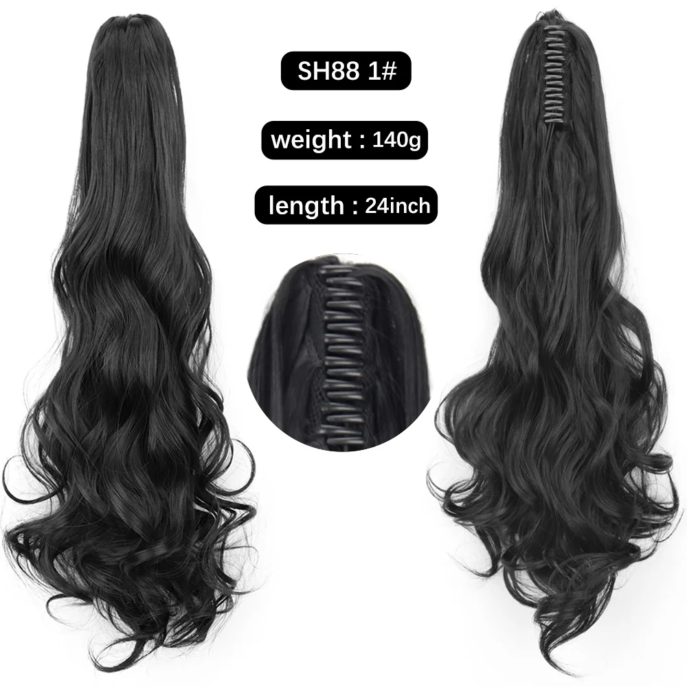 24Inch Curly Wavy Claw Clip On Ponytail Hair Extension Synthetic Black Dack Brow Pony Tail Hair Hairpiece Hairstyle