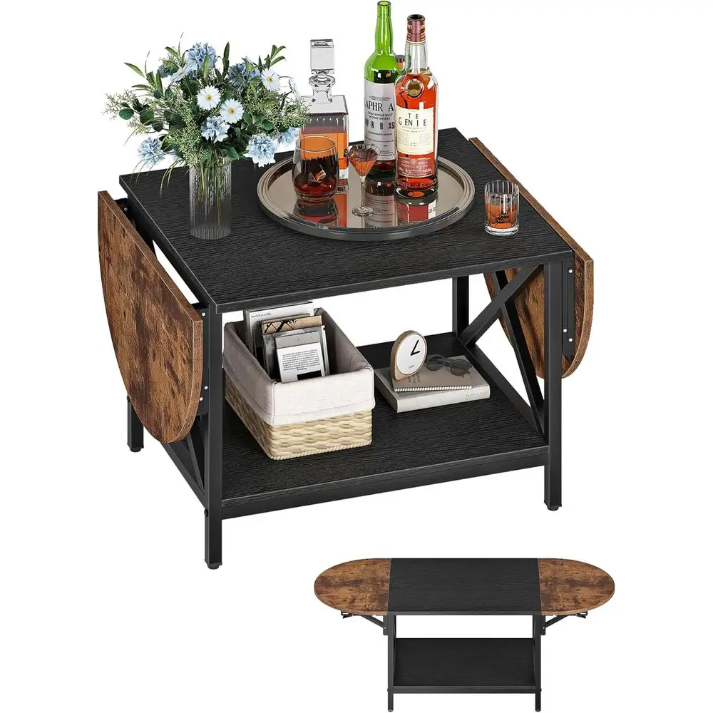 

Vintage 2-Tier Extendable Coffee Table with Drop Leaves, Storage Shelf, Suitable for Living Room, Bedroom, Balcony, Rustic Brown