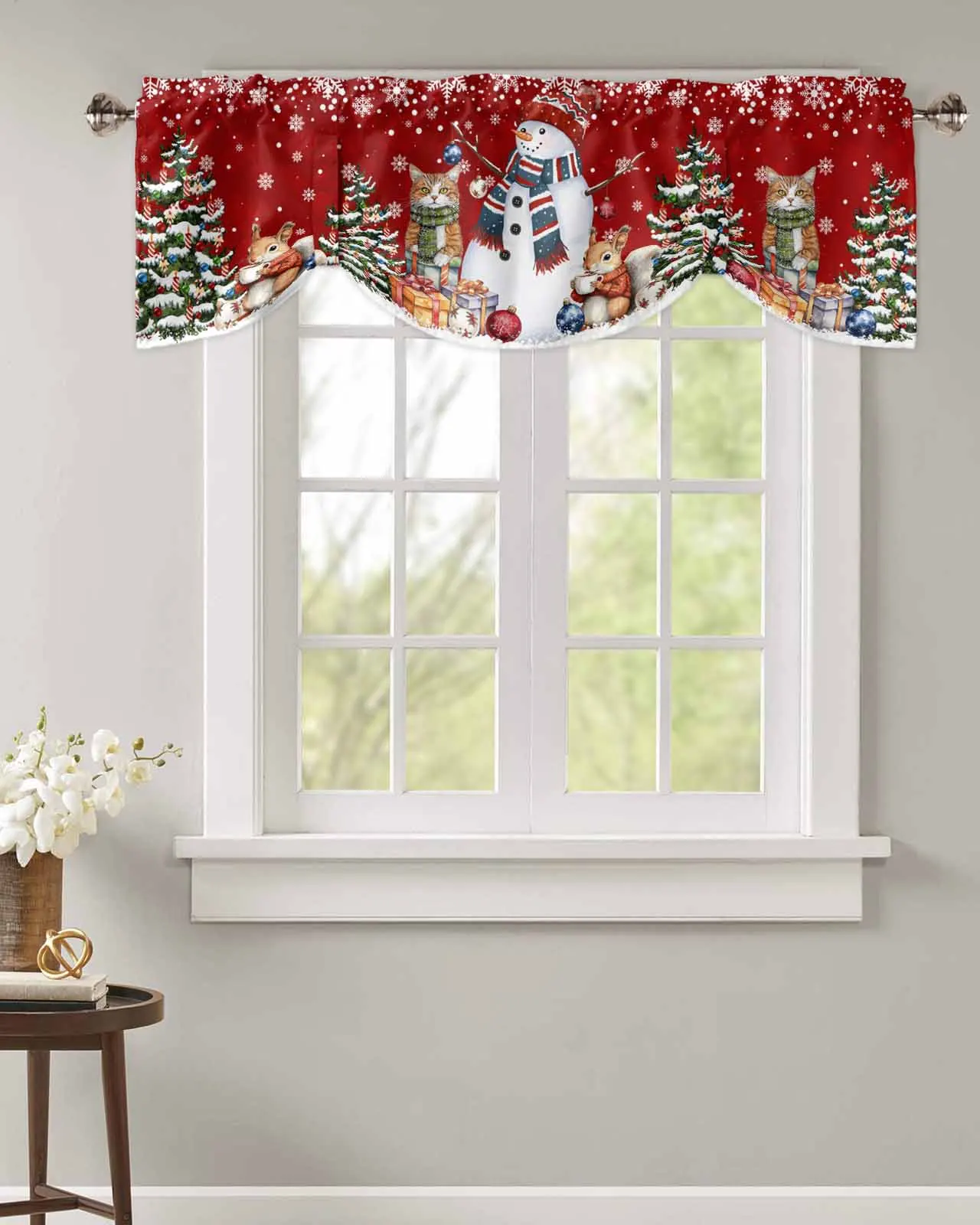 Christmas Tree Snowman Cat Squirrel Snowflake Ball Short Window Curtain Kitchen Cafe Cabinet Tie up Drapes Bedroom Home Decor