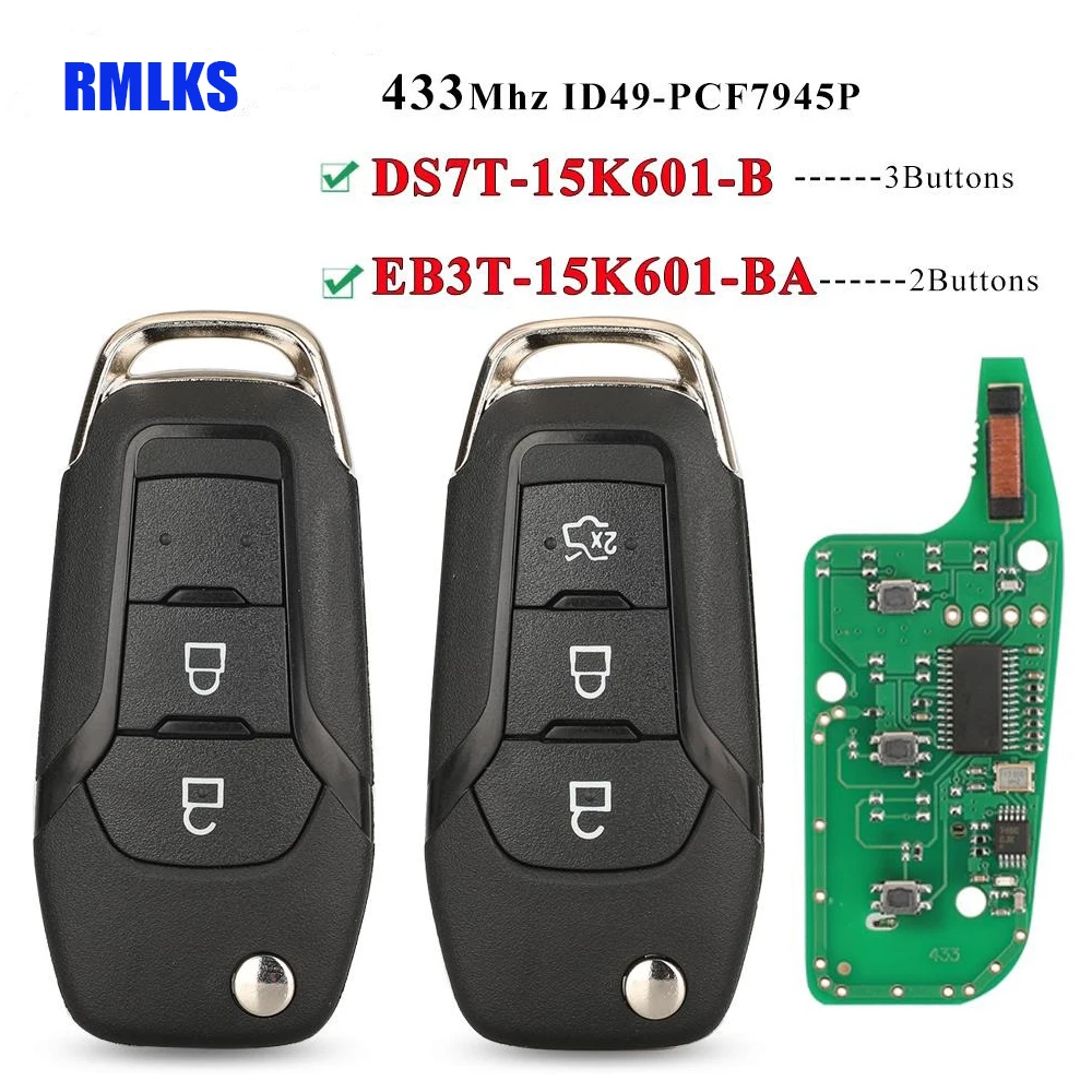 

Flip Remote Key Fob ID49 433Mhz DS7T-15K601-B /EB3T-15K601-BA For Ford F150 Ranger Galaxy S-Max KA+ Mondeo V