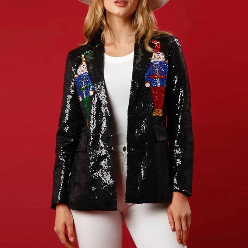 Spring Autumn Blazers Women Sequins Blazer Sequin Shimmer Jacket Top Casual Long Sleeve Glitter Party Shiny Lapel Coat Outerwear