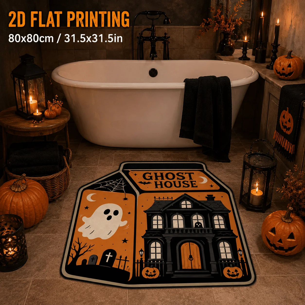 VIKAMA Halloween Ghost House Shaped Doormat Spooky Haunted House Ghost Pumpkin Print 2D Flat Non Slip Floor Mat Holiday DecorRug