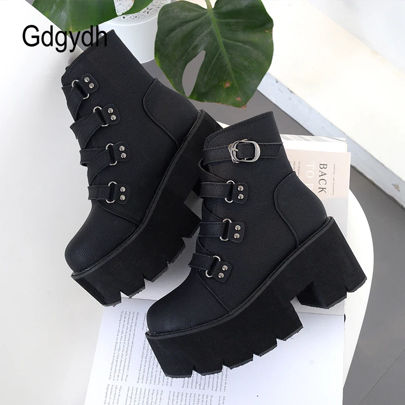 Gdgydh Spring Platform Boots Woman Chunky Heel Punk Gothic Boots Lace Black Brown Ankle Boots Women Comfortable Leather