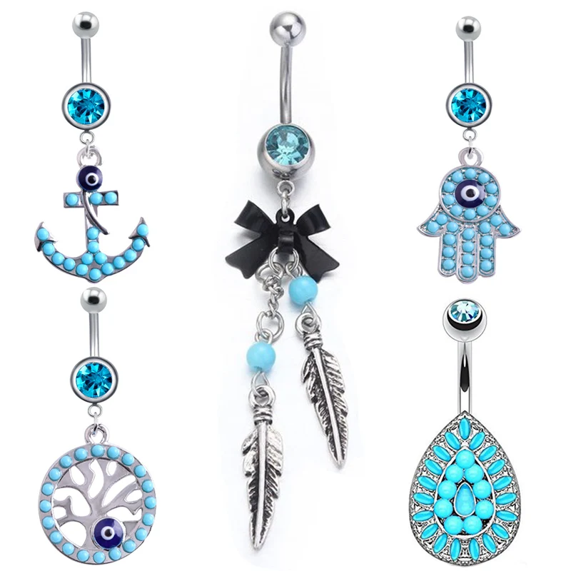 1PC Summer Blue Belly Button Ring Stainless Steel Navel Piercing Flower Dangle Belly Bar Piercing Nombril Lot Body Jewelry