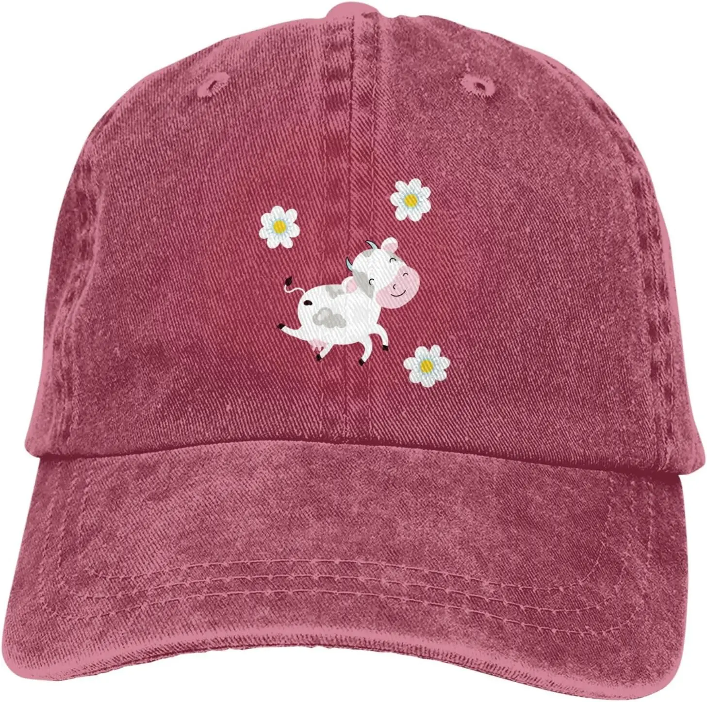 Cartoon Cow White Chamomile Distressed Adjustable Washed Denim Cotton Low Profile Dad Trucker Hat Black Fitted Baseball Ball Cap