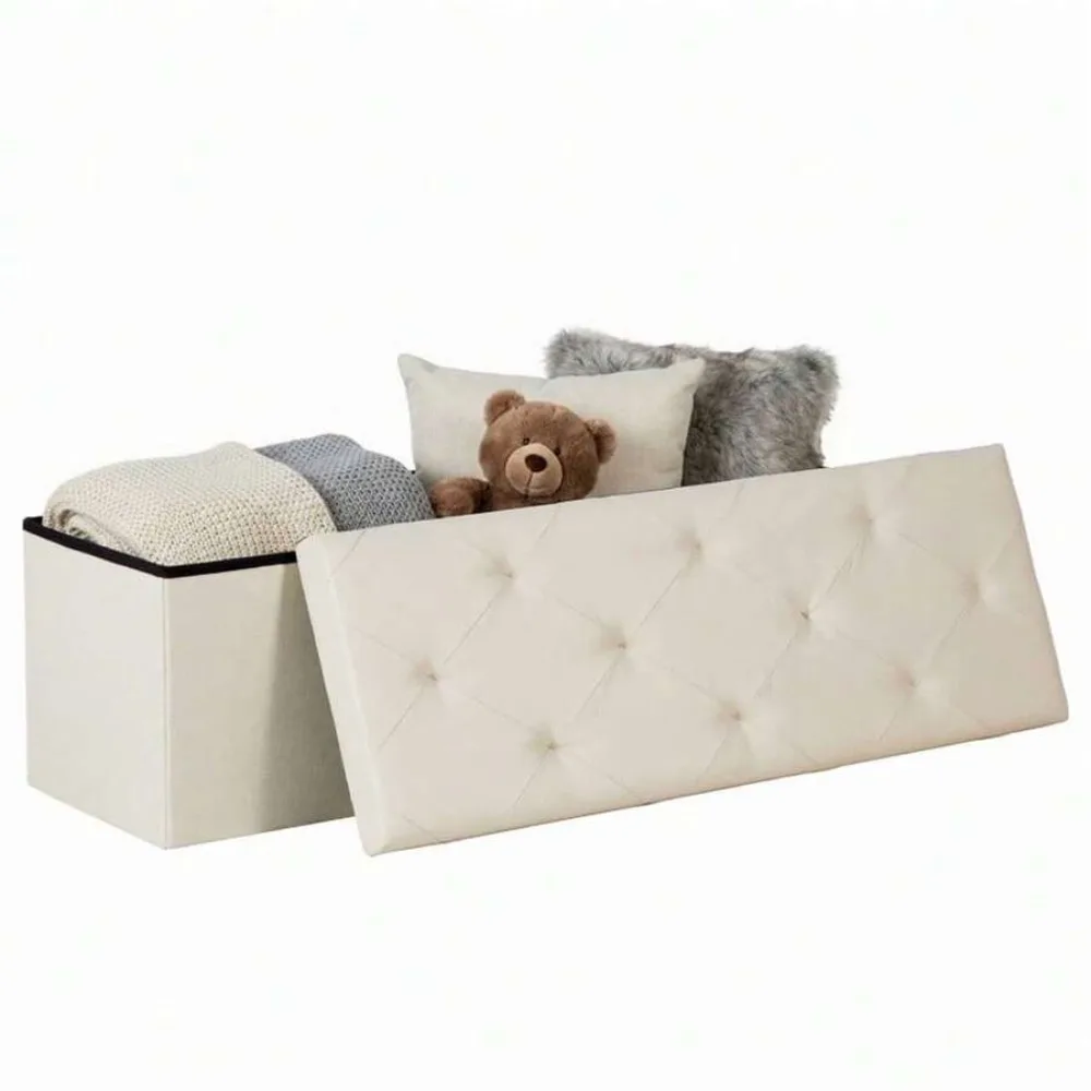 43 Inch Folding Storage Ottoman Bench with Sturdy Wood Frame, Multi-Functional Foot Rest Stool, Entryway Shoe Storage Chest, Bedroom Bench with Hidden Compartment, Space Saving Seat for Living Room Hallway, Beige Linen Upholstered