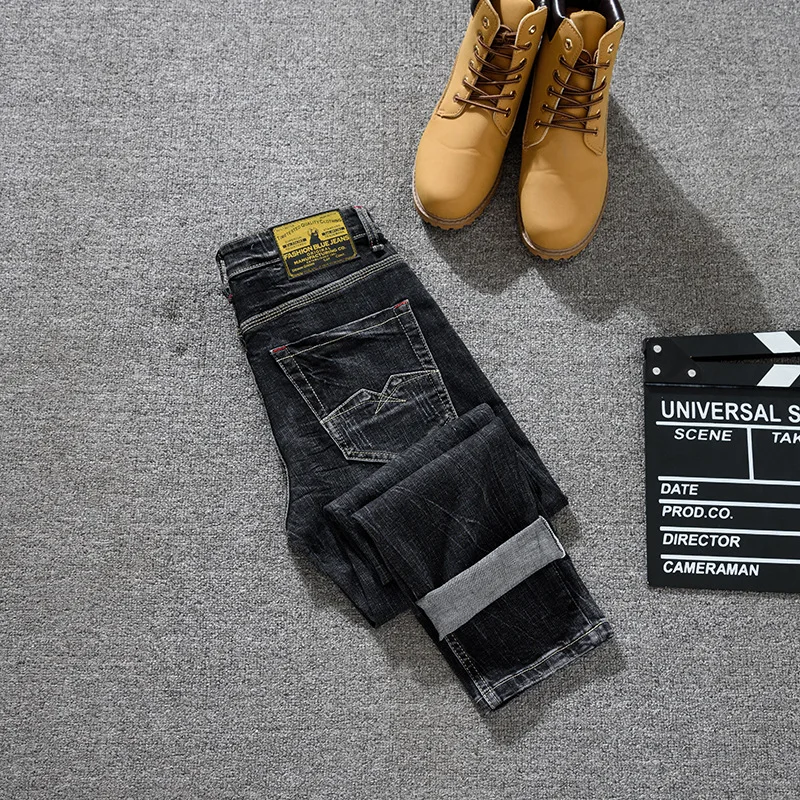 

Американская уличная модная мужская одежда, ностальгические джинсы, мужские эластичные облегающие брюки, маленькие прямые потертые брюки в стиле ретро