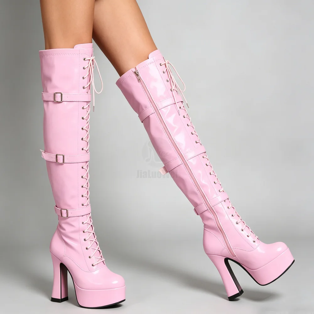 4.5 Inch Heel Black Patent Leather Over The Knee Boots Ultra High Chunky Heel Platform Lace Up Buckle Straps Ruched Gothic Punk