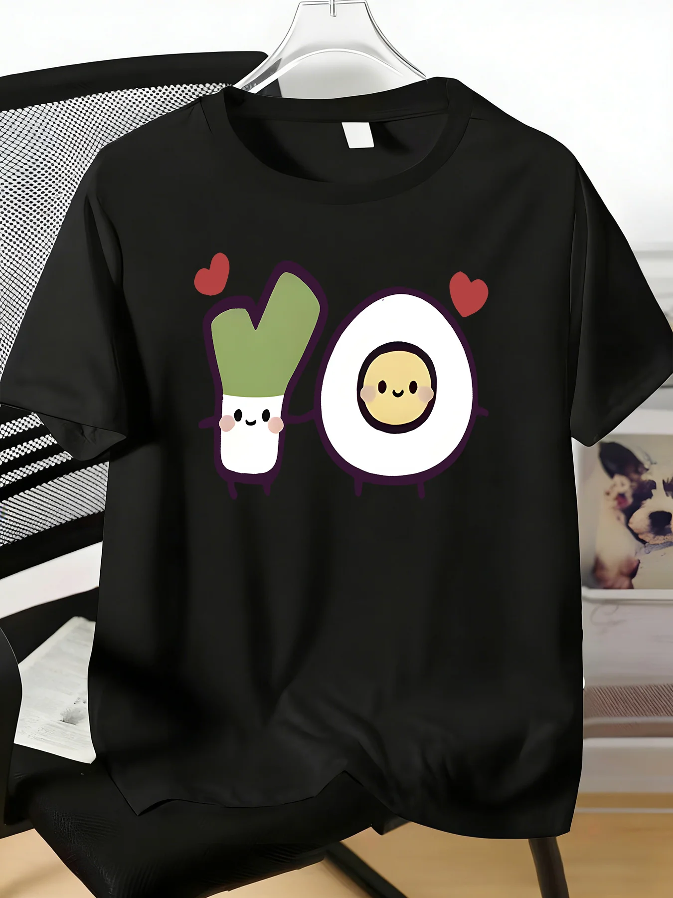 Male Royal Blue Crew Neck Tee Cute Scallion Egg Cartoon Heart Print Soft Short Sleeve Summer Casual Top For Food Lover Young Men