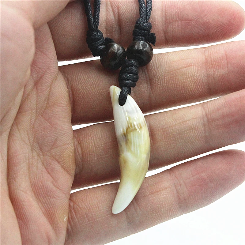 Adjustable Black Beaded Cord Faux Wolf Tooth Pendant Necklace Acrylic 2 Colors Tribal Surfer Jewelry