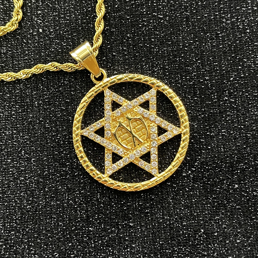 Vintage Pentagram sickle Necklace Pendant rhinestone Religious Supernatural Jewish Shield Star of David Jewelry Statement Satan