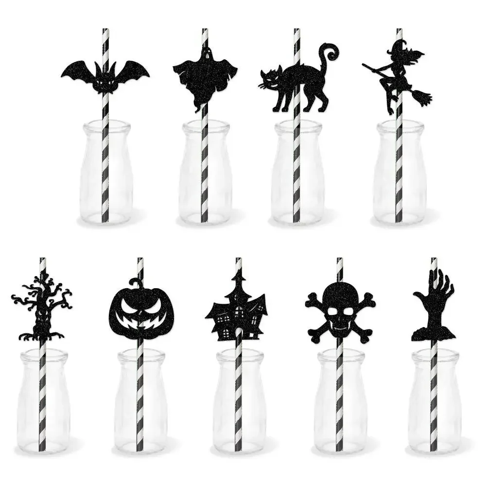 9pcs Halloween Black Card Straws Black Card Ghost Horror Pumpkin Witch Paper Straws Insert Card Happy Halloween Party Decoration
