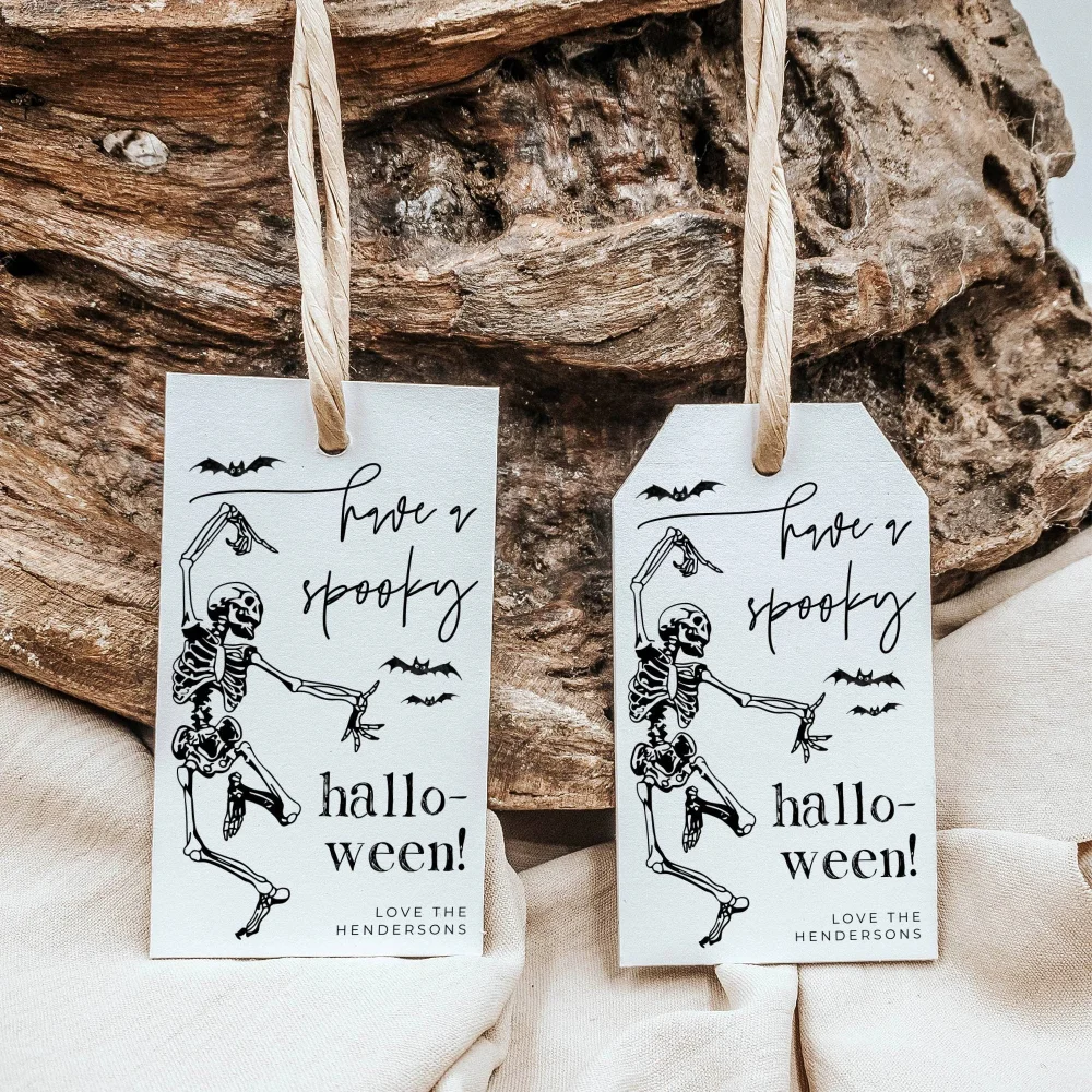 

Personalized Halloween Gift Tag Spooky Halloween Party Favor Tag Fun Dancing Skeleton Halloween Candy Wrapper Tag Trick Or Treat