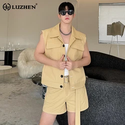 LUZHEN Niche Design Splicing Plain Fashion Sleeveless Vests Two Piece Sets Stylish Handsome Korean Men's Straight Shorts LZ4207