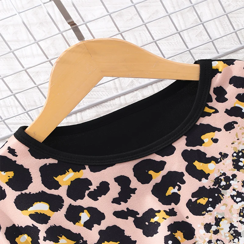 Two Piece Summer Girl Cute Breathable Leopard Print Round Neck Short Sleeved Shorts Princess Casual Birthday Party Costume Set